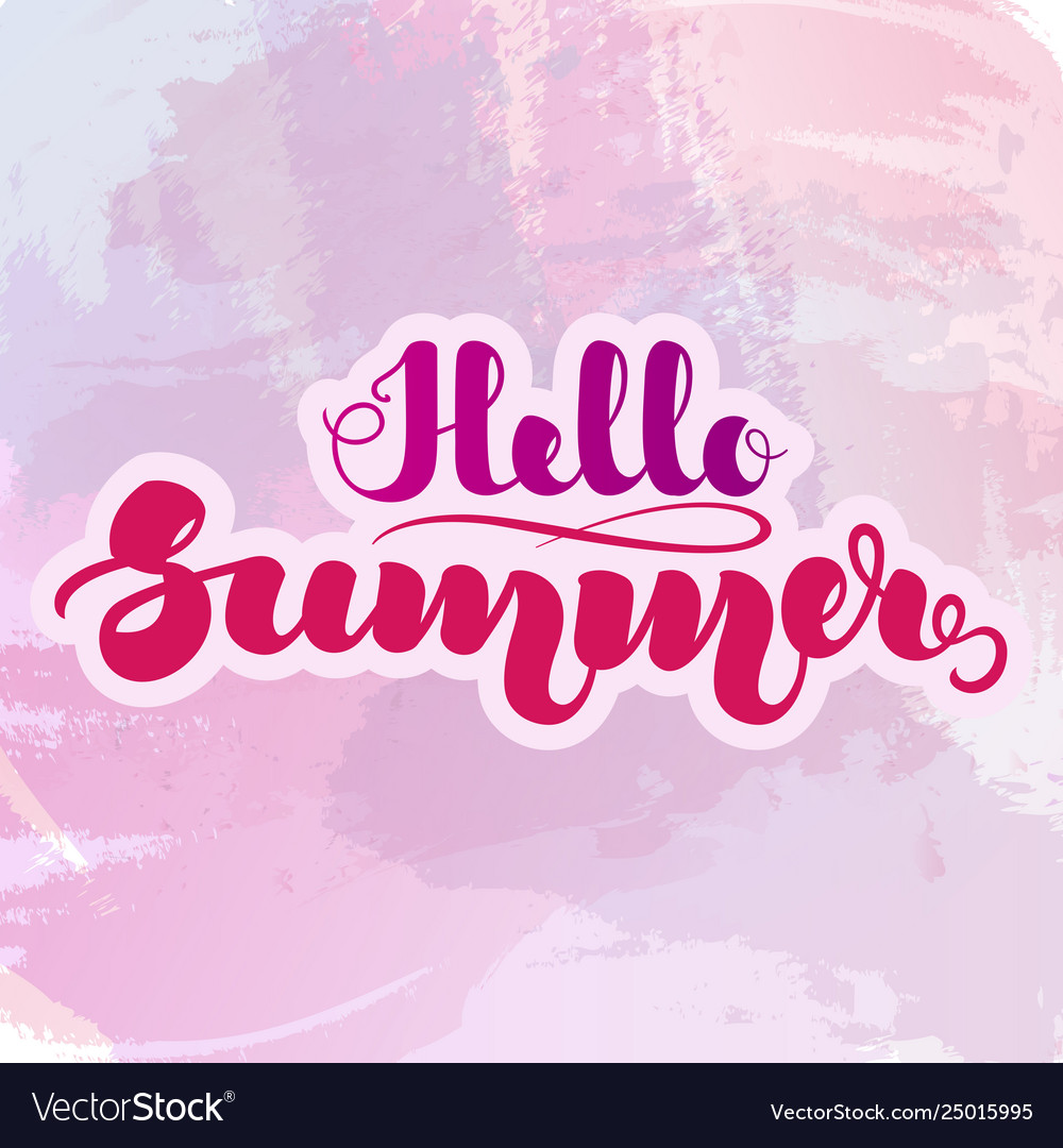 Hand lettering hello summer on purple watercolor