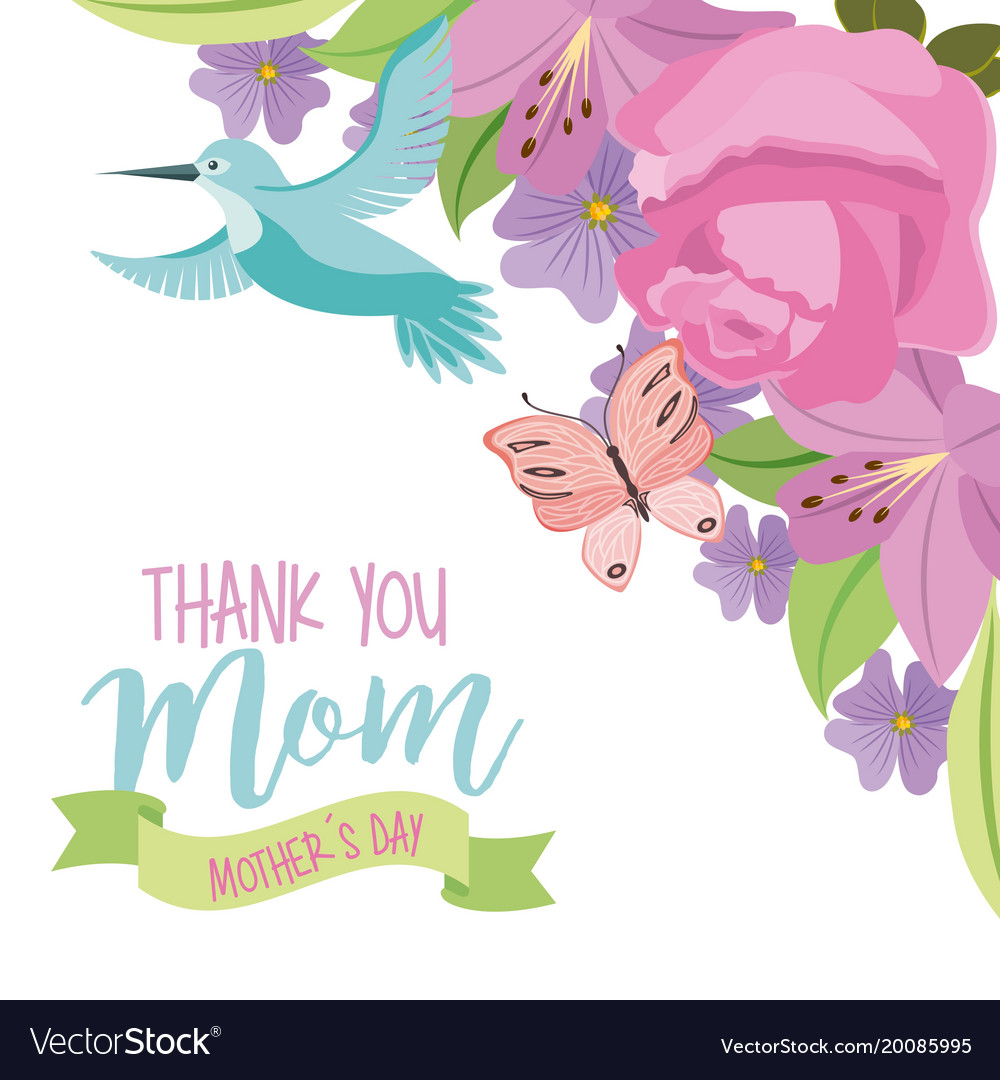 Thank You Mom Mothers Day Fly Bird And Butterfly Vector Image