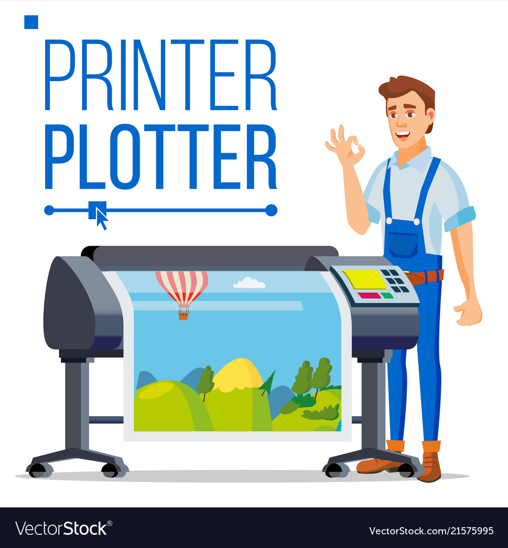 Worker with plotter man prints beautiful vector image Worker with plotter man prints beautiful