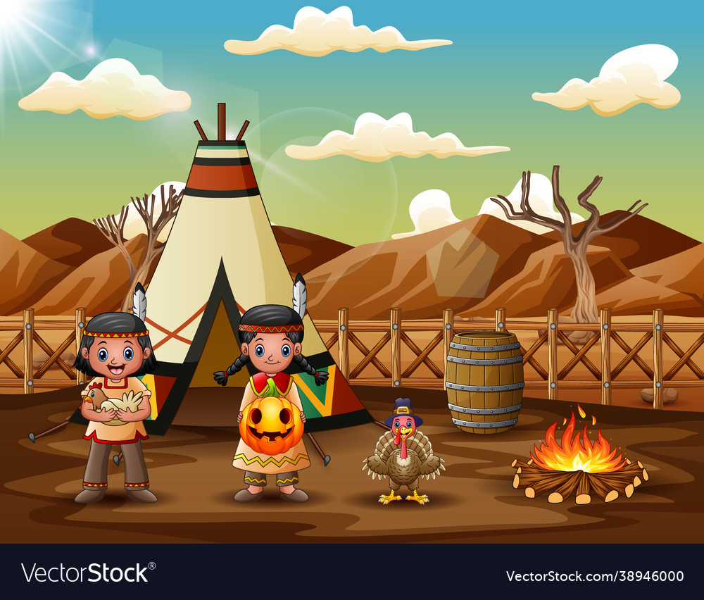 American indians children cartoon with teepees Vector Image