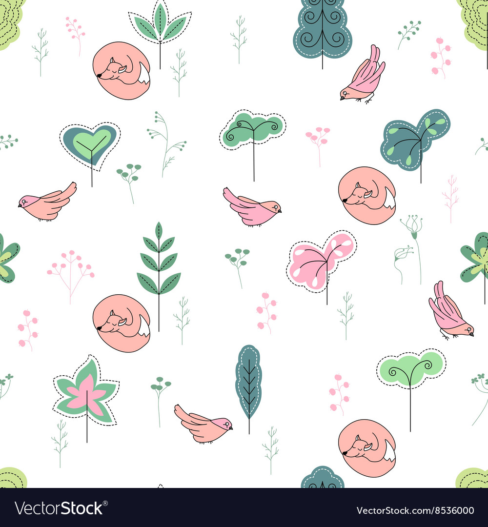 Seamless pretty pattern with stylized treesfoxes
