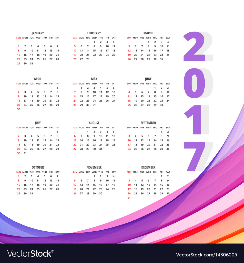 2017 calendar design with colorful wave