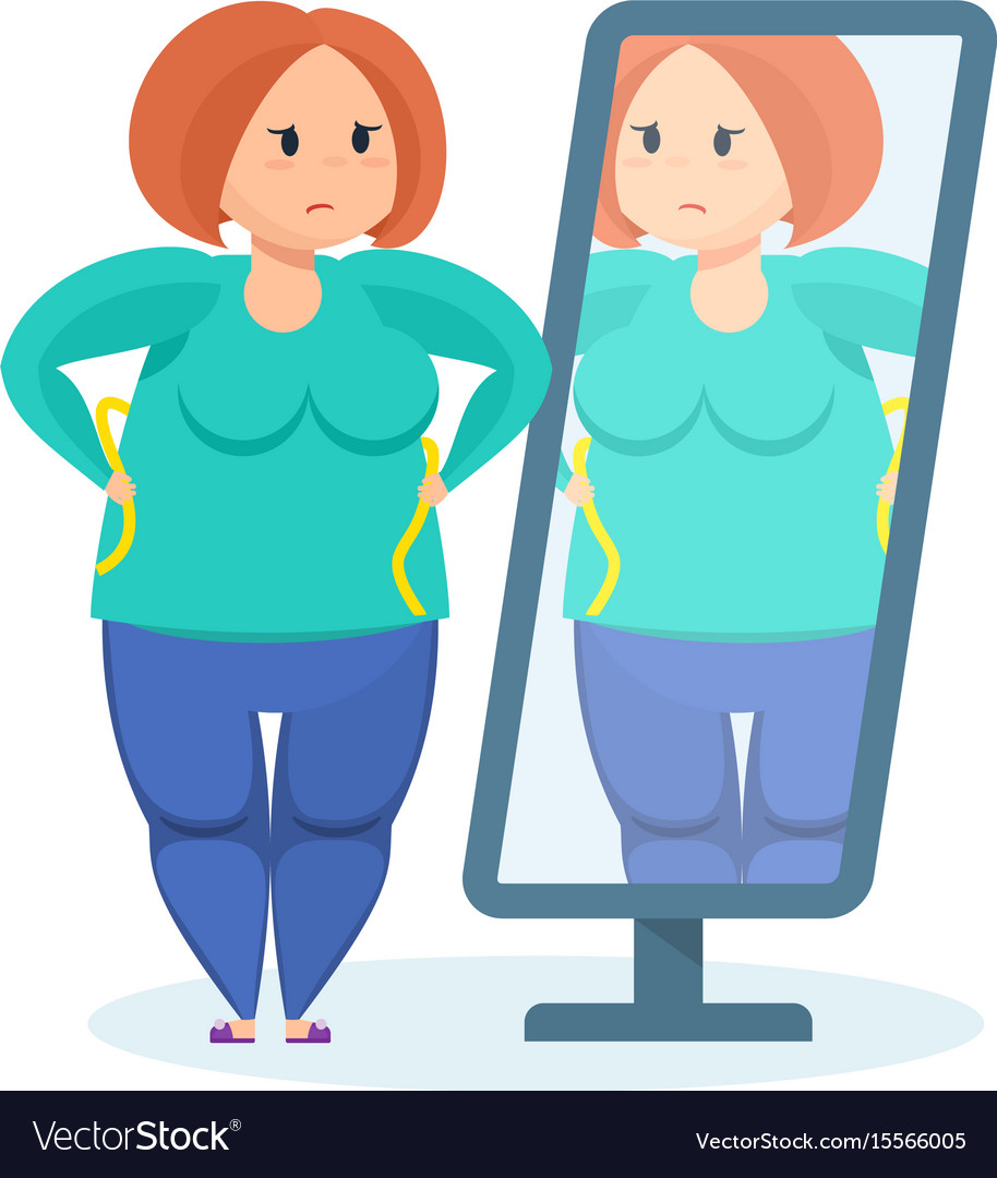 Full girl looks in mirror wanting to lose weight