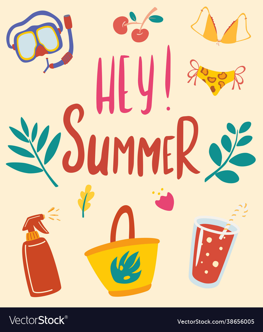 Hello summer card with inscription items vector image Hello summer card with inscription items