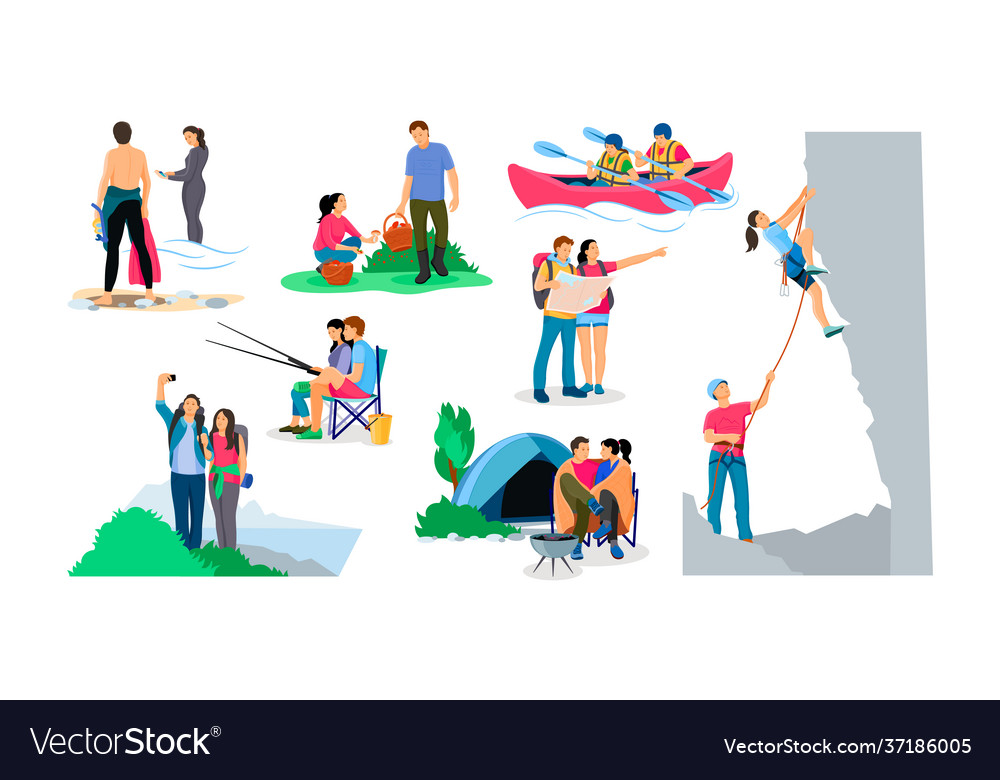Tourists people group couple hiking cartoon vector image Tourists people group couple hiking cartoon