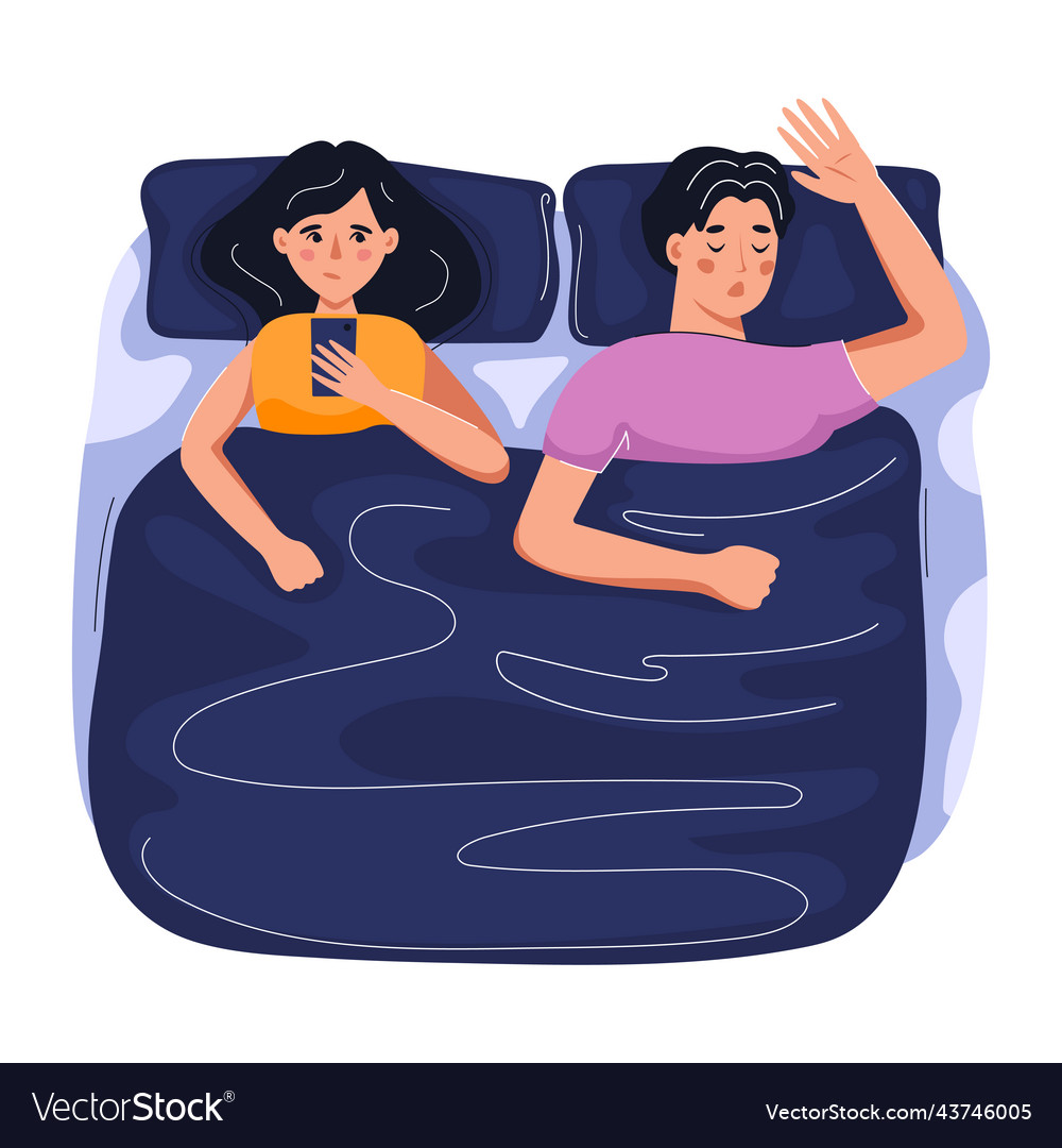 Woman cant sleep because of partners snoring Vector Image