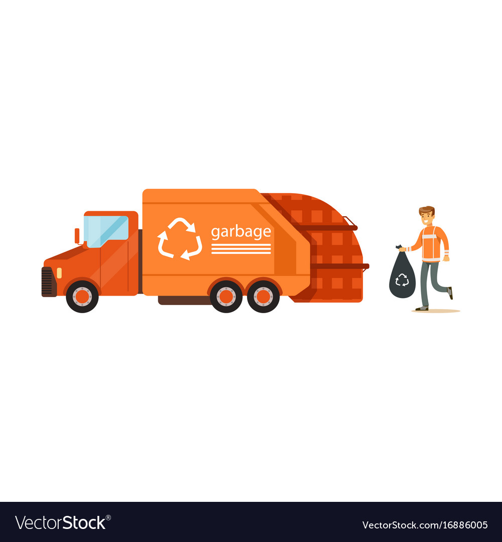 Worker loading rubbish bag into garbage collector