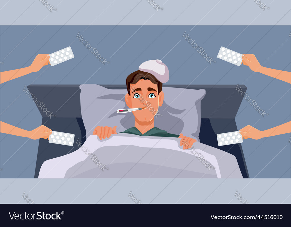 Man resting in bed receiving treatment for fever