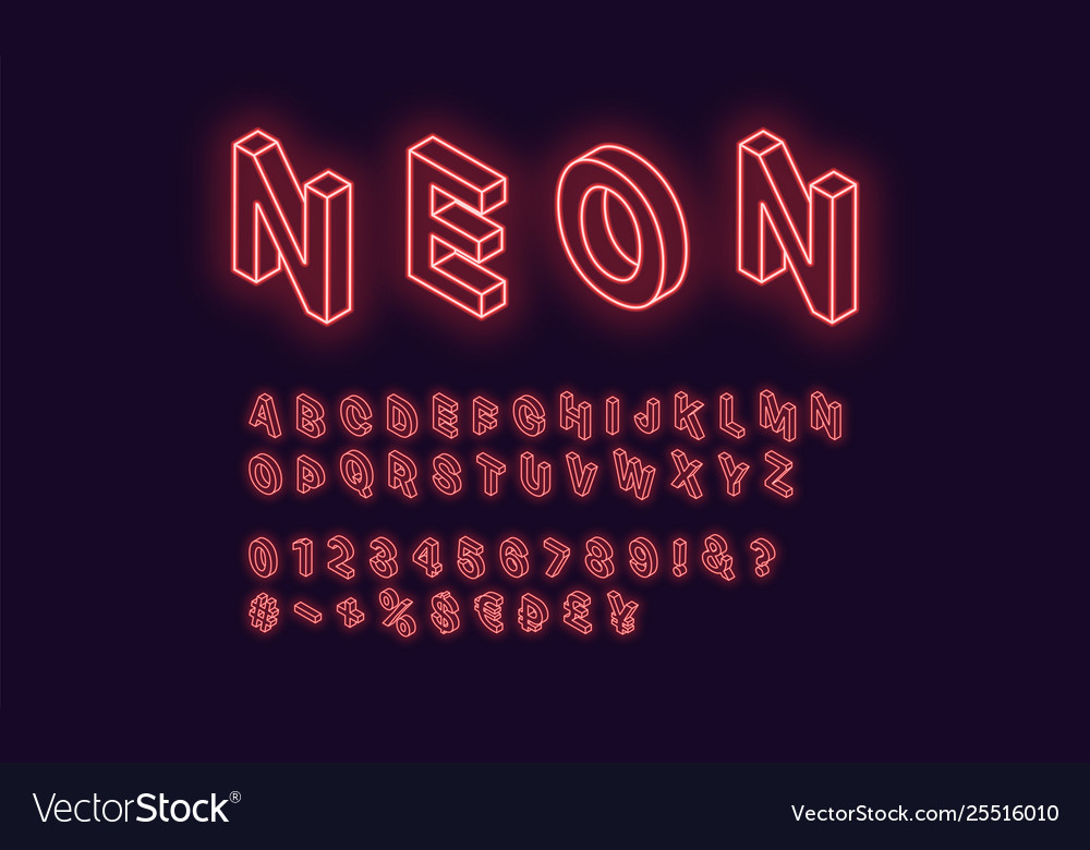 Neon isometrisches Alphabet rote Farbschrift