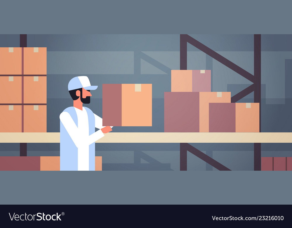 Warehouse Worker Placing Box on Shelf