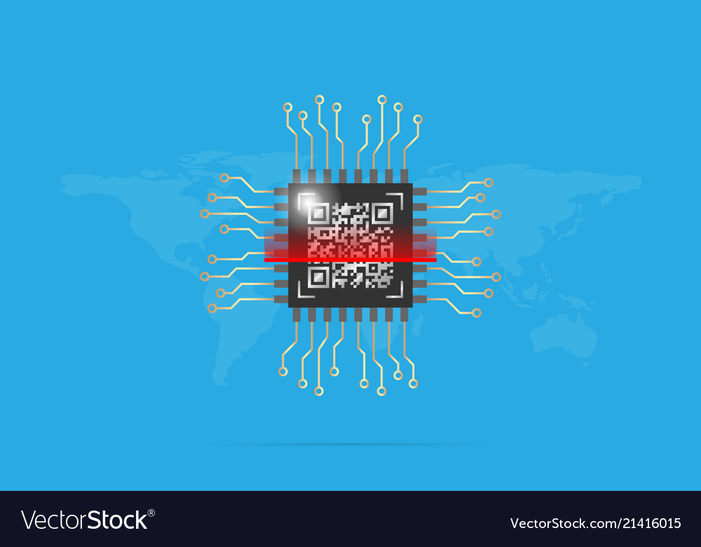 Qr code on chip processor with world map vector image Qr code on chip processor with world map