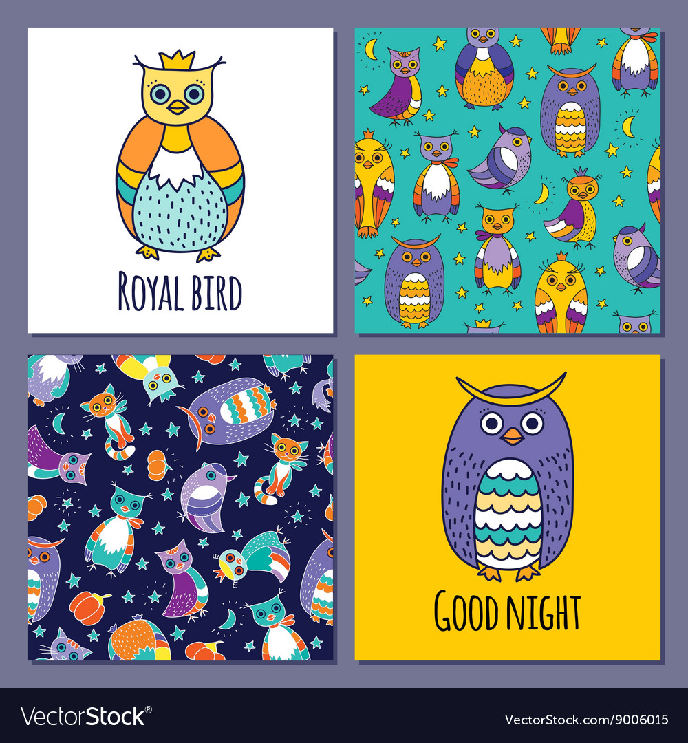 Set of owls and two seamless patterns