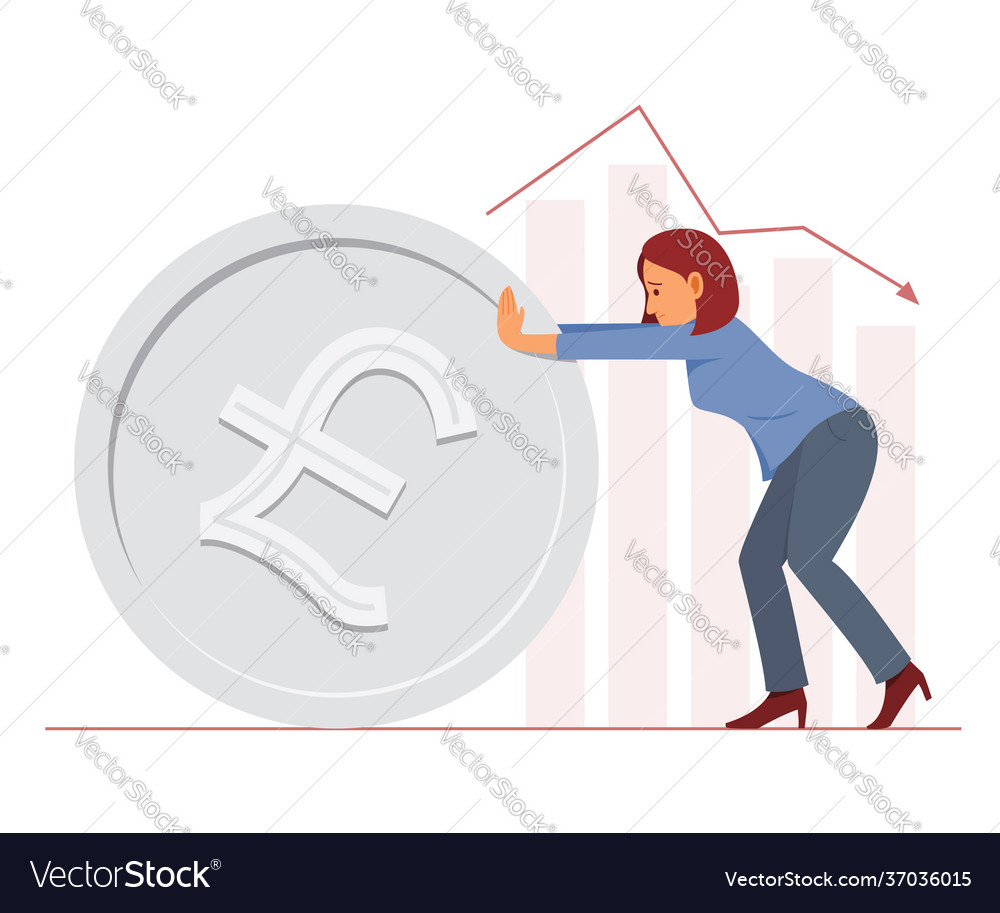 Woman Push Big Coin British Pound Sterling Vector Image