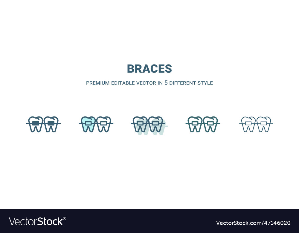 Braces Symbol in 5 verschiedenen Stil Umriss gefüllt