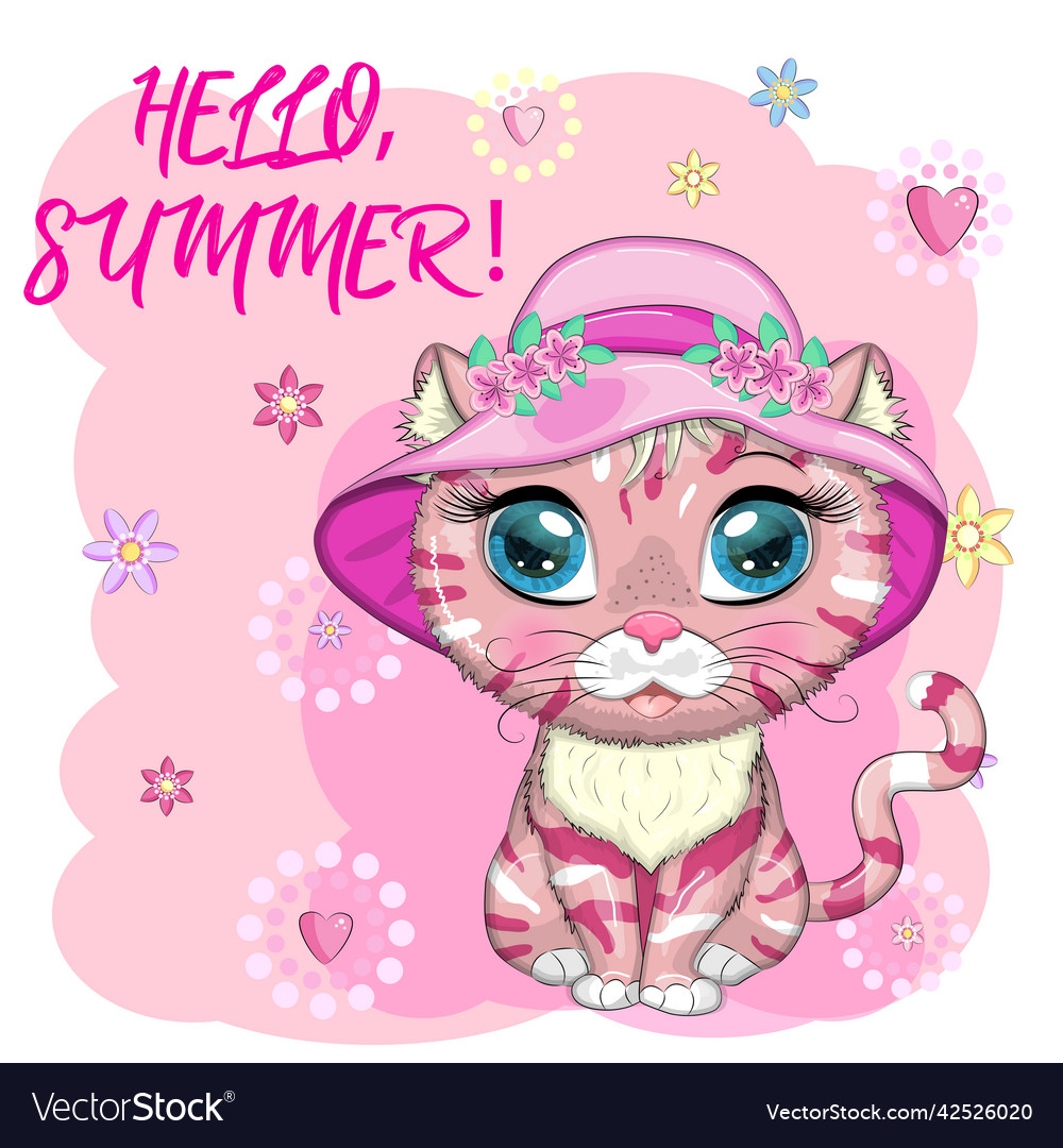 Cartoon Katze in einem Hut mit Blumen Sommer Urlaub