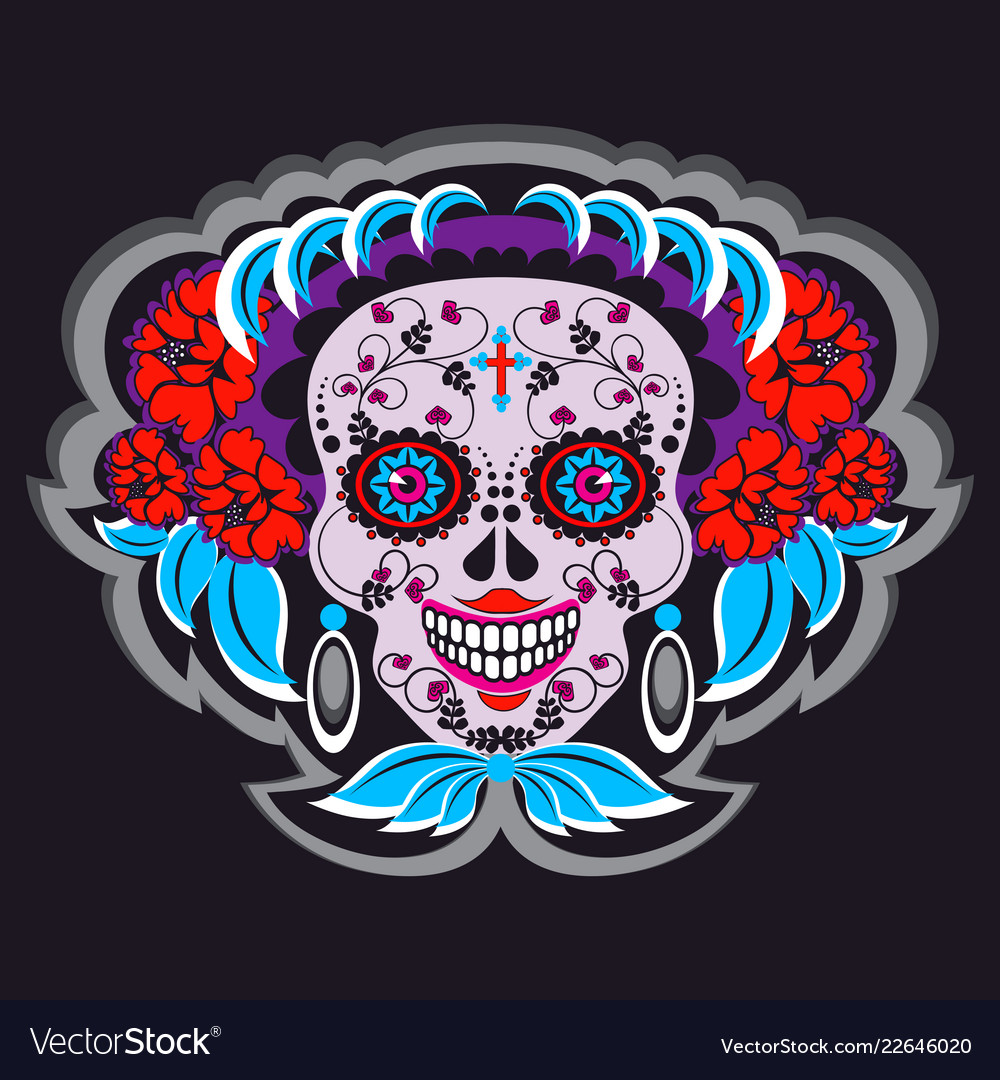 Cartoon skeleton skull with mexico ornaments Vector Image