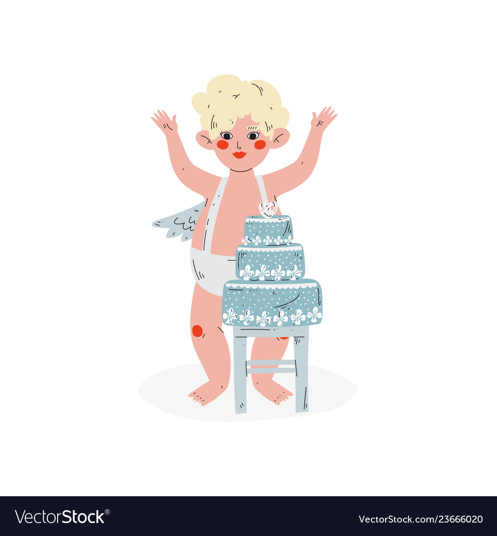 Cute Funny Cupid And Wedding Cake Amur Baby Angel Vector Image