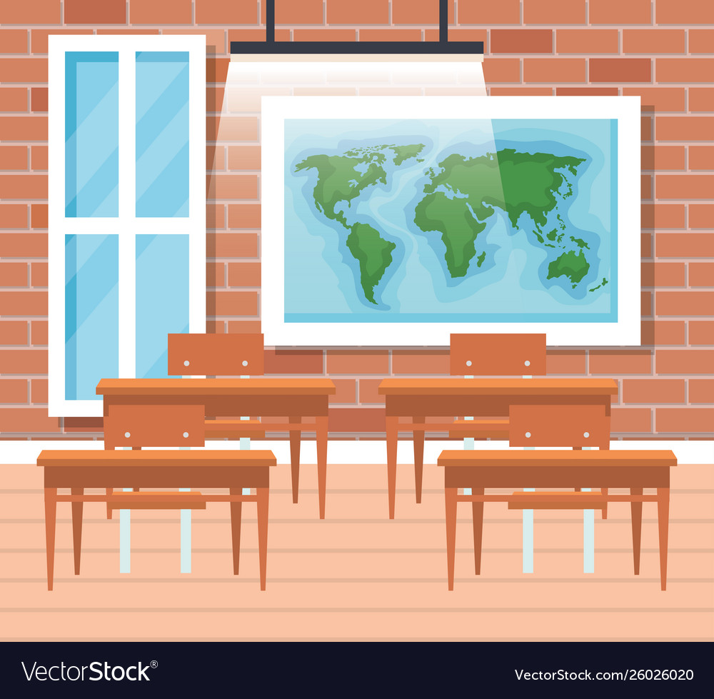 Global map with desks and window in classroom