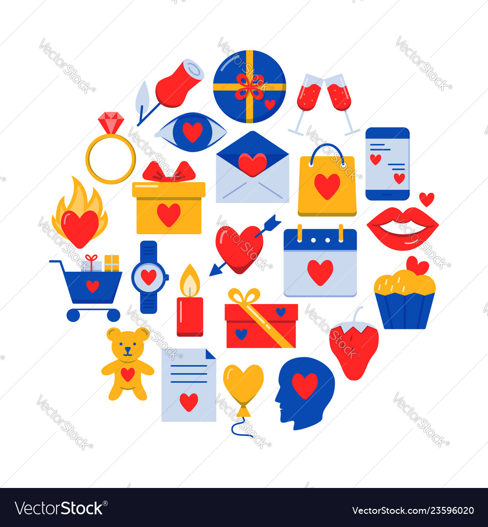 Valentine day round concept with love icons vector image Valentine day round concept with love icons