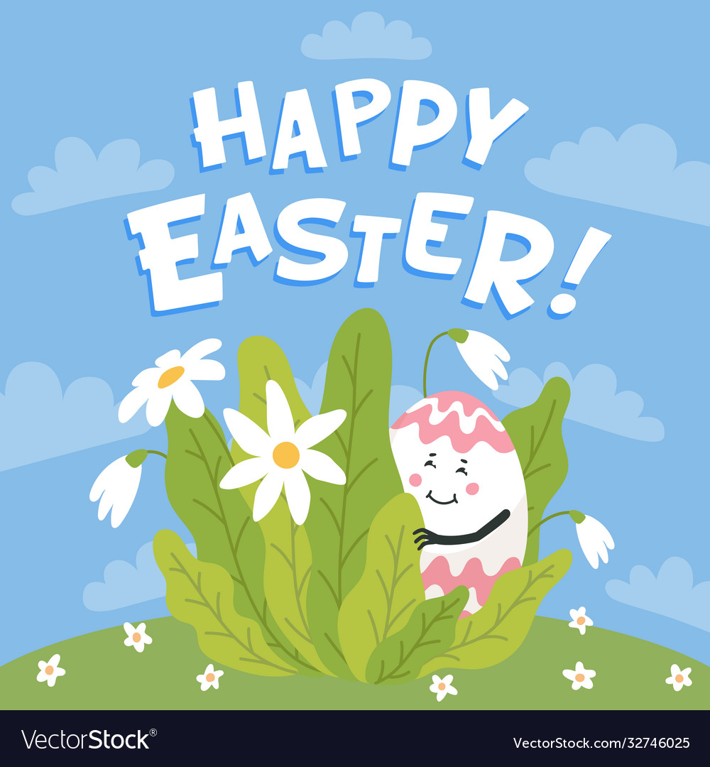 Happy easter greeting card colored egg with cute vector image Happy easter greeting card colored egg with cute