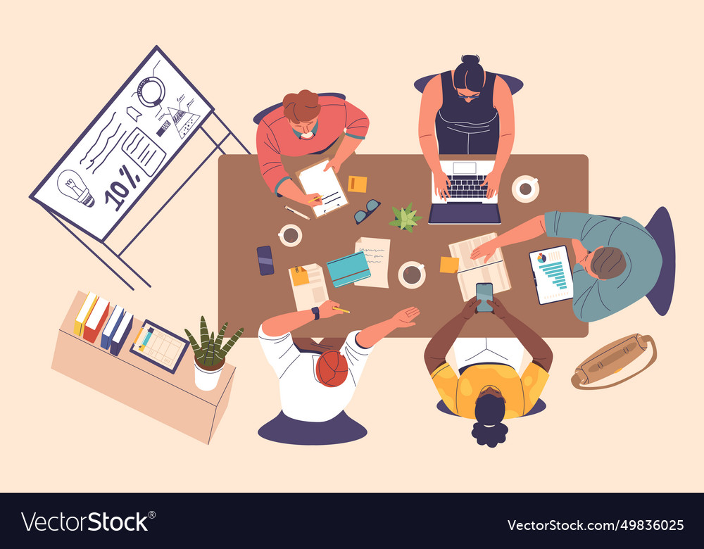 Overhead view of executives engaged in a dynamic Vector Image Overhead view of executives engaged in a dynamic