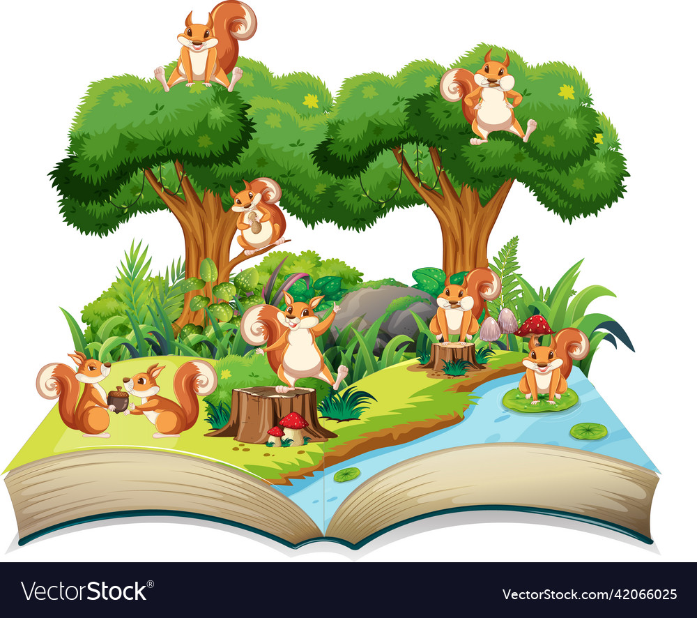 Storybook with many squirrels in jungle Royalty Free Vector