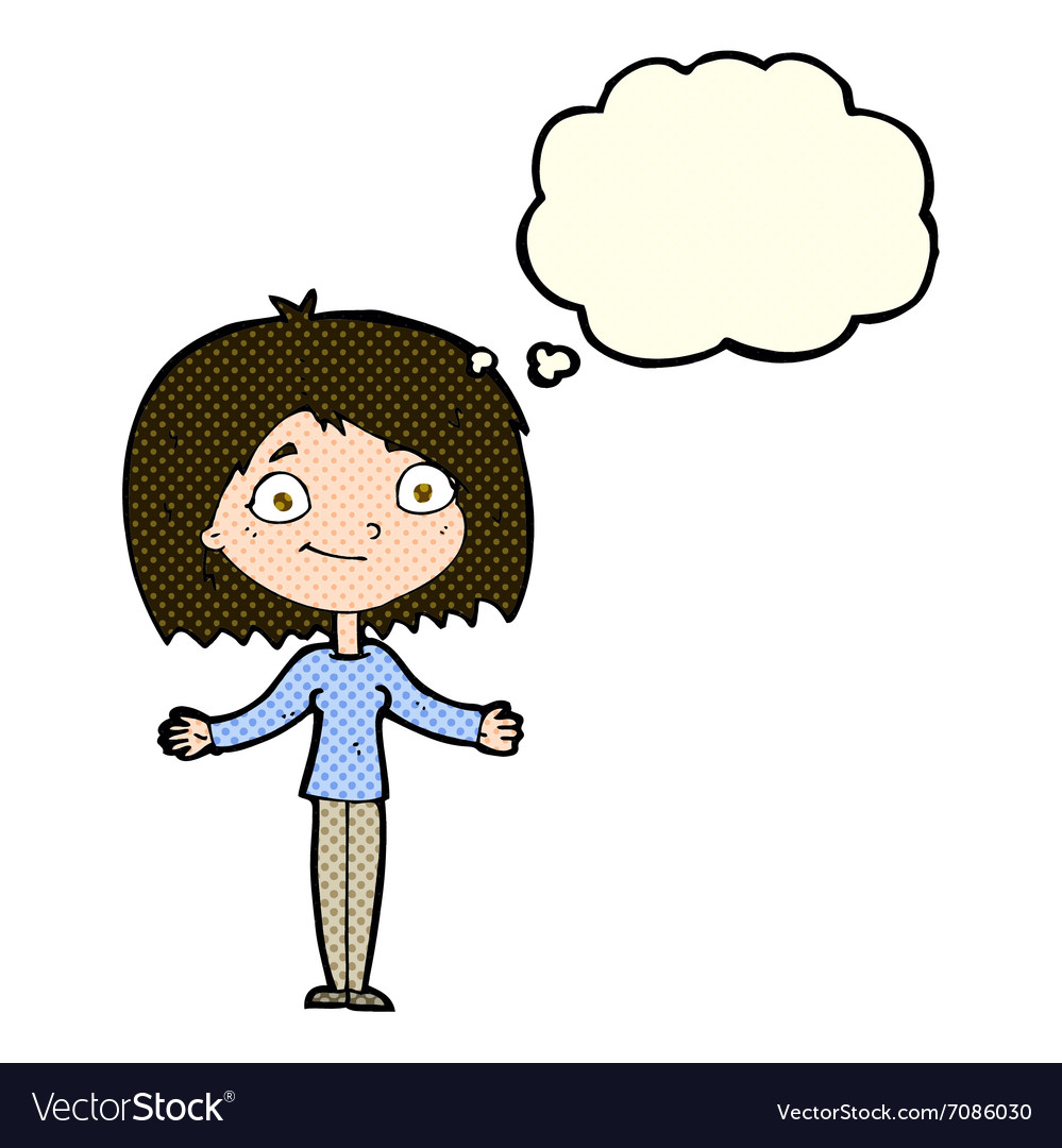 Cartoon woman shrugging shoulders with thought