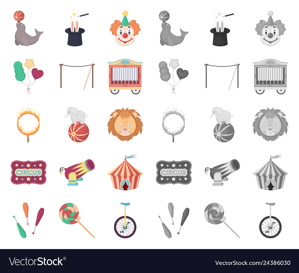 Circus and attributes cartoonmono icons in set Vector Image Circus and attributes cartoonmono icons in set