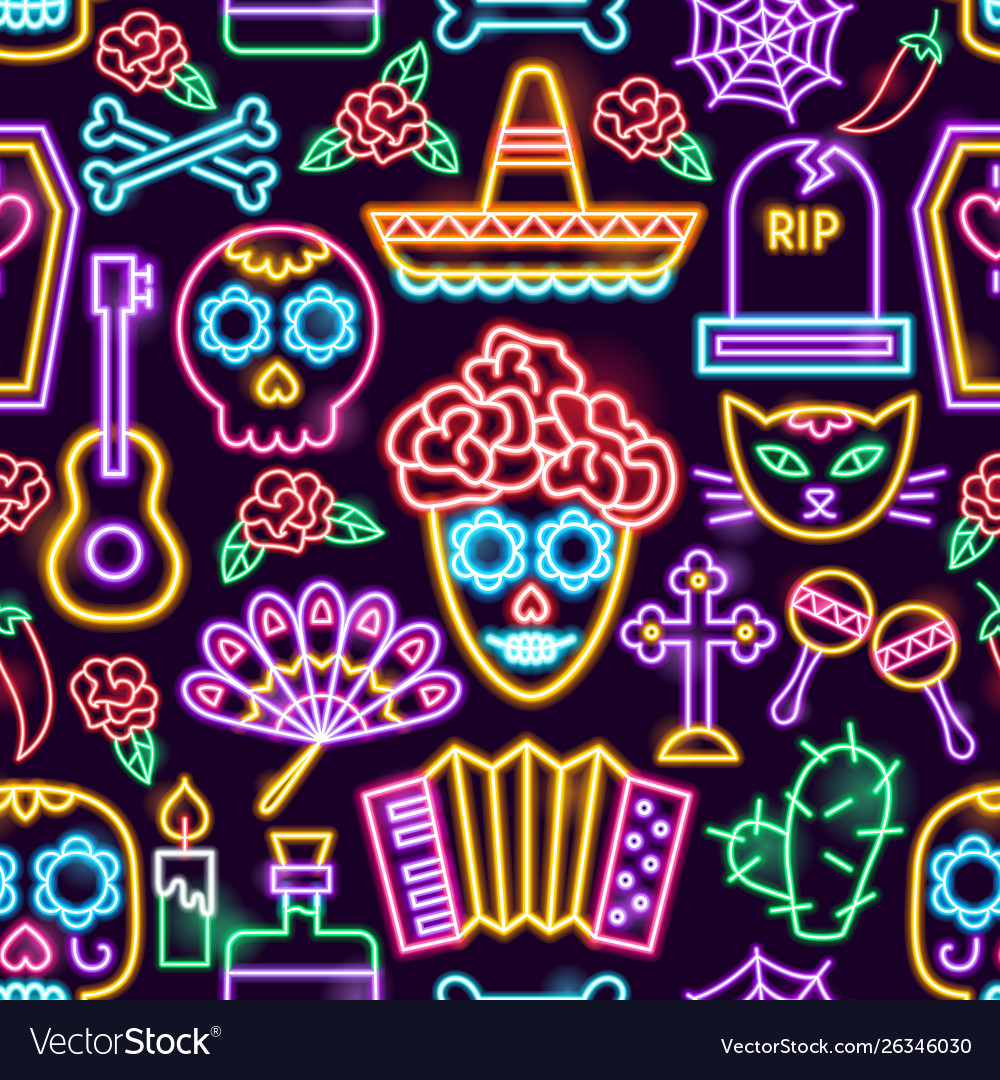 Day dead neon seamless pattern vector image Day dead neon seamless pattern
