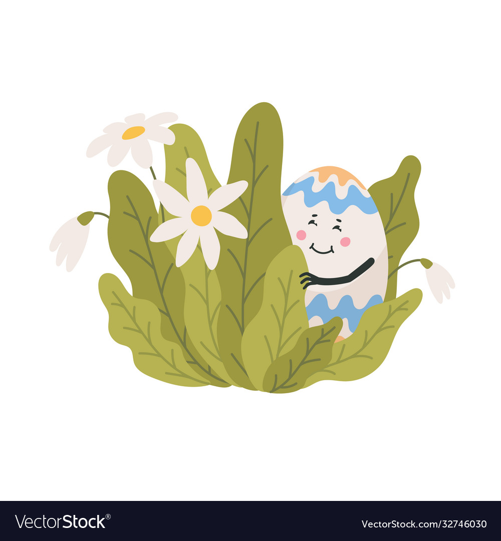 Easter colored egg with cute face hiding in green vector image Easter colored egg with cute face hiding in green