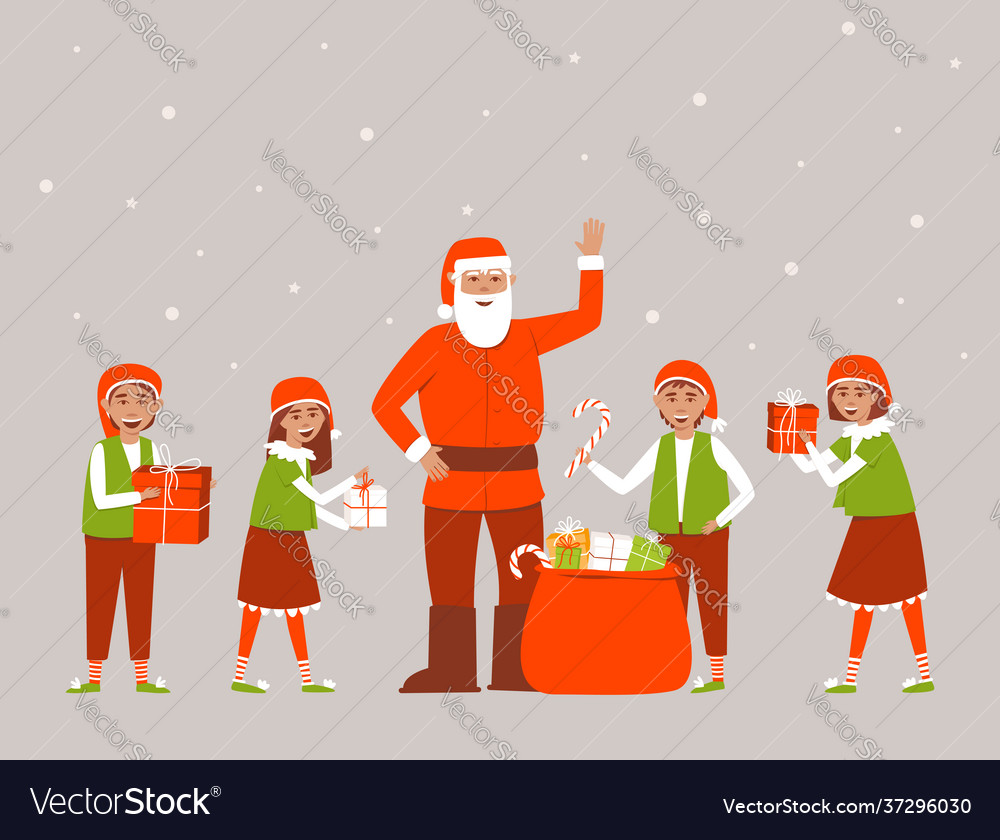 Elves and santa claus are packing gifts