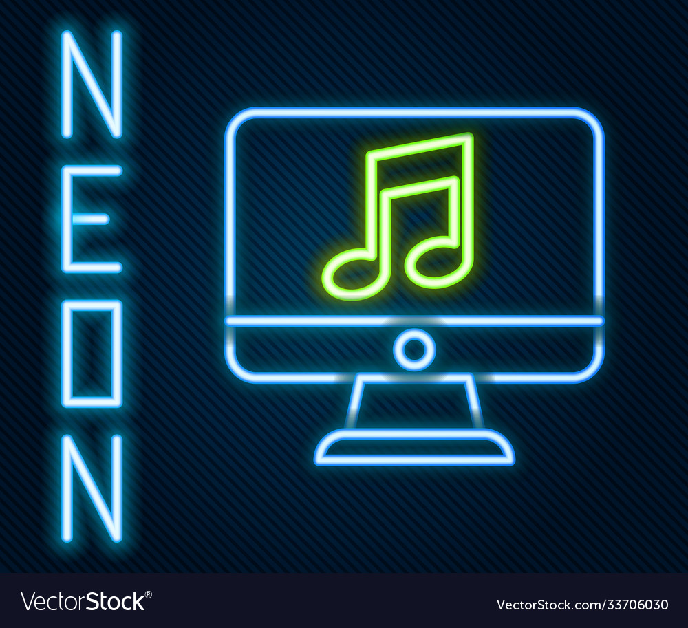 Glowing neon line computer with music note symbol