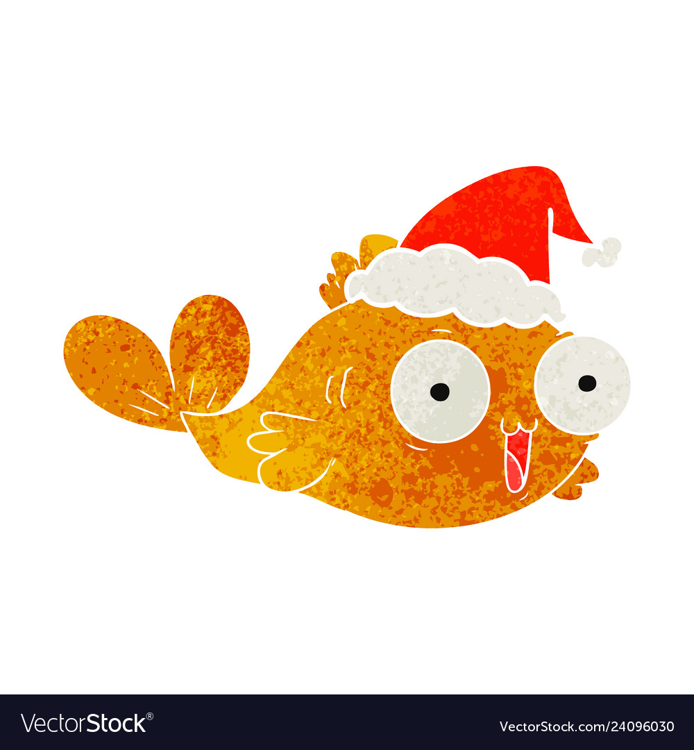 Happy goldfish retro cartoon of a wearing santa