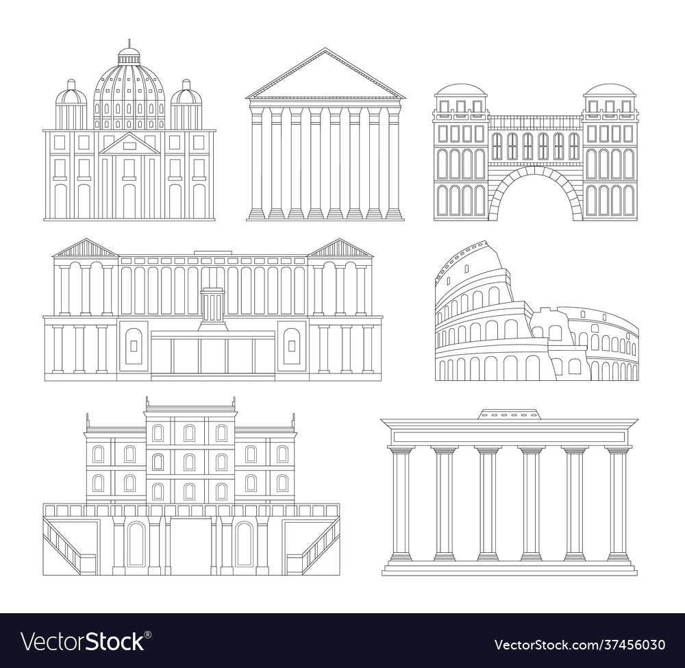 Set hand-drawn thin line rome buildings Royalty Free Vector