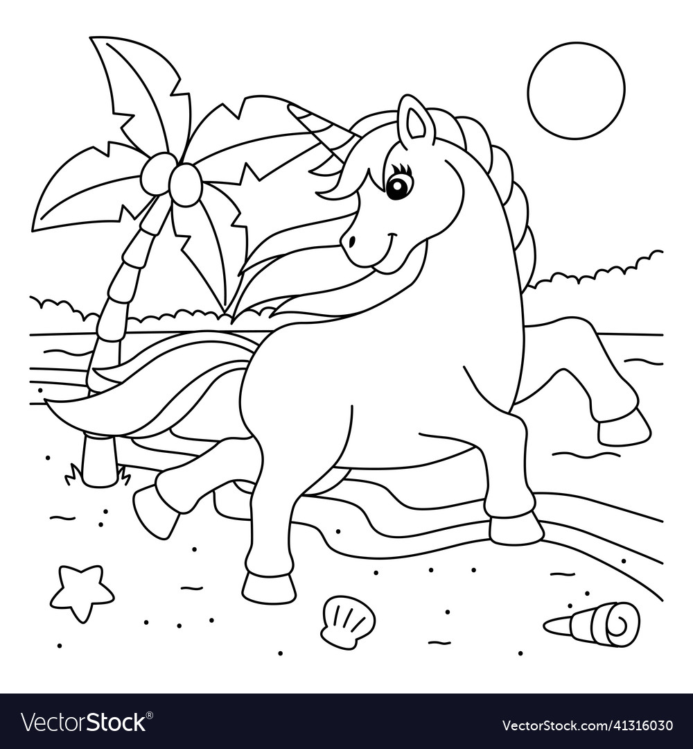 Einhorn schlendern auf der Strand Färbung Seite vector image Einhorn schlendern auf der Strand Färbung Seite