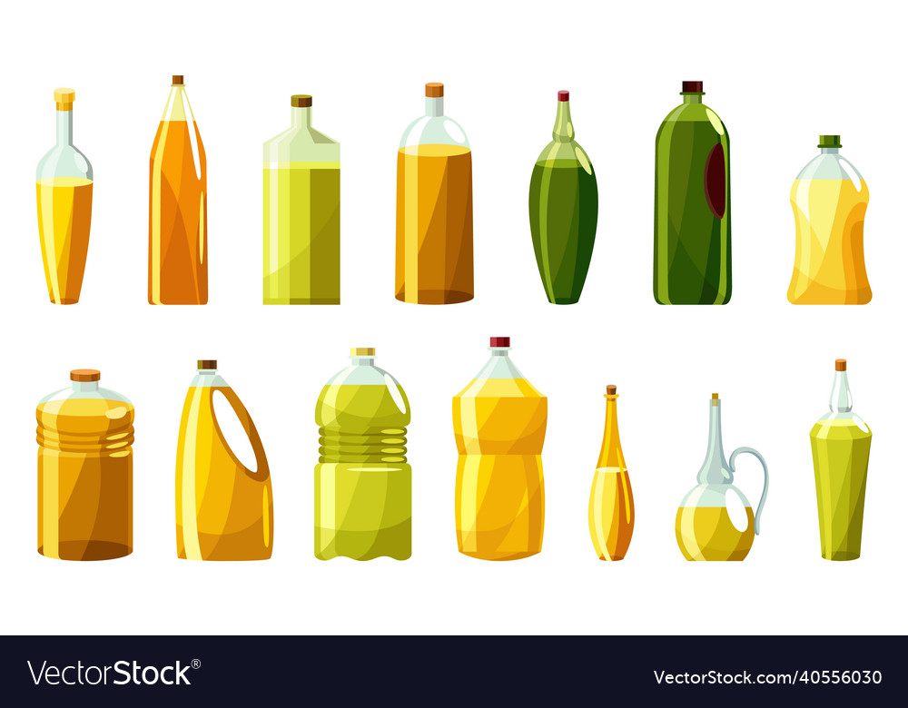 Vegetable oil bottles set cans with vitamin