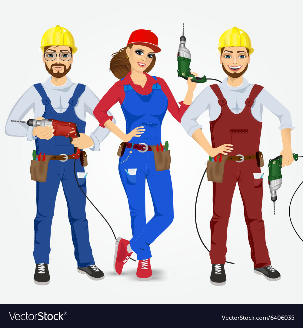 Handymen and handywoman with drills Royalty Free Vector