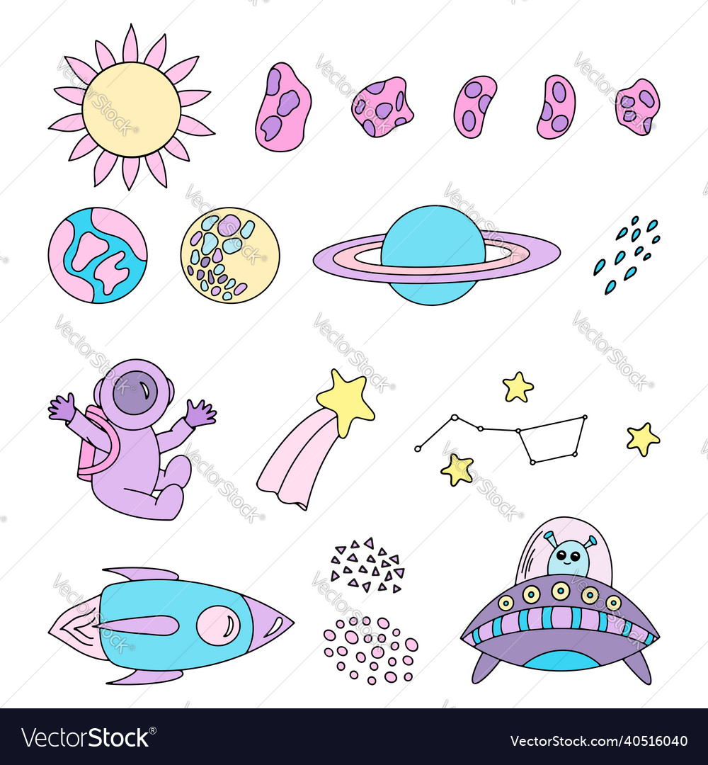 Set Of Space Doodle Elements Hand Drawn Royalty Free Vector