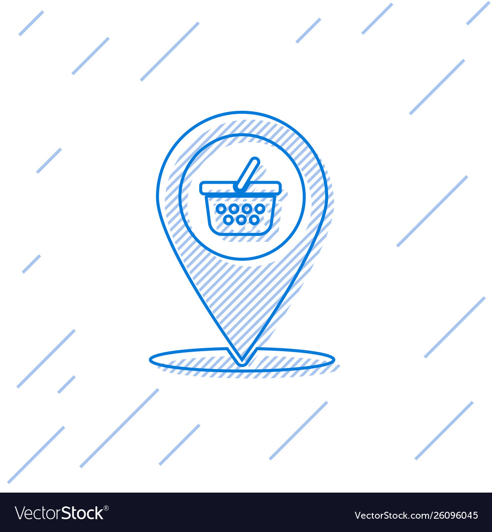 Blue map pointer with shopping basket line icon