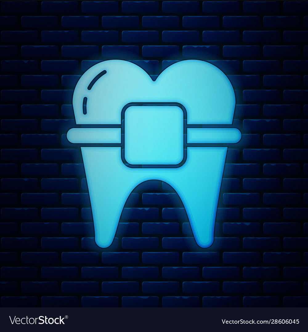 Glowing neon teeth with braces icon isolated Vector Image