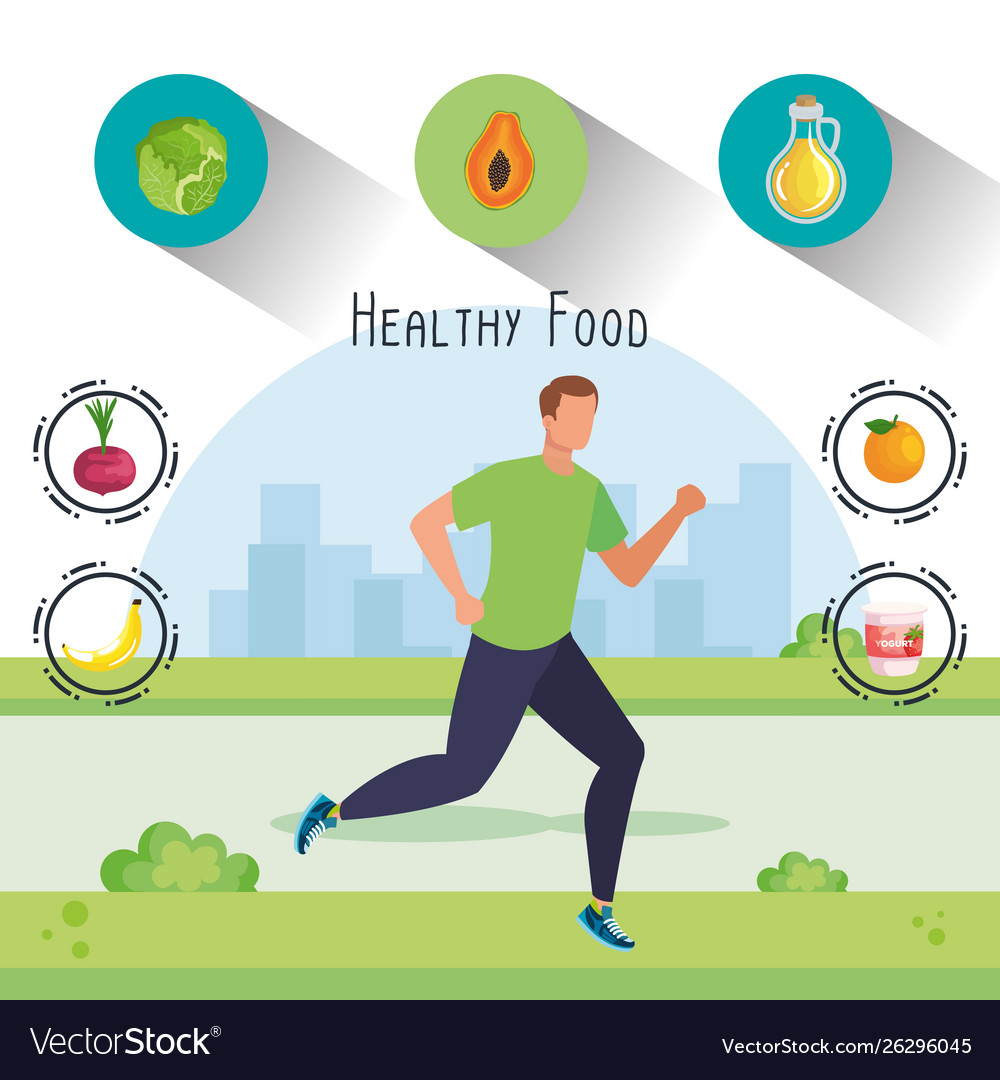 Man running sport with vegetables and fruits Vector Image