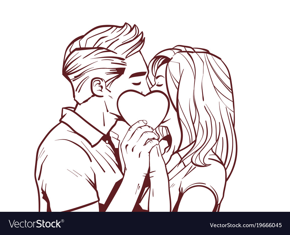 Girl and boy kiss hug kissing couple sketch Vector Image