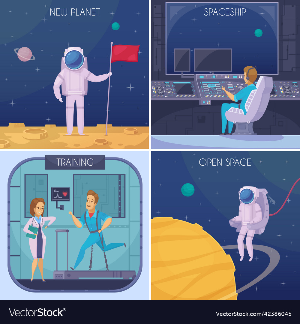 Space mission cartoon concept square Royalty Free Vector