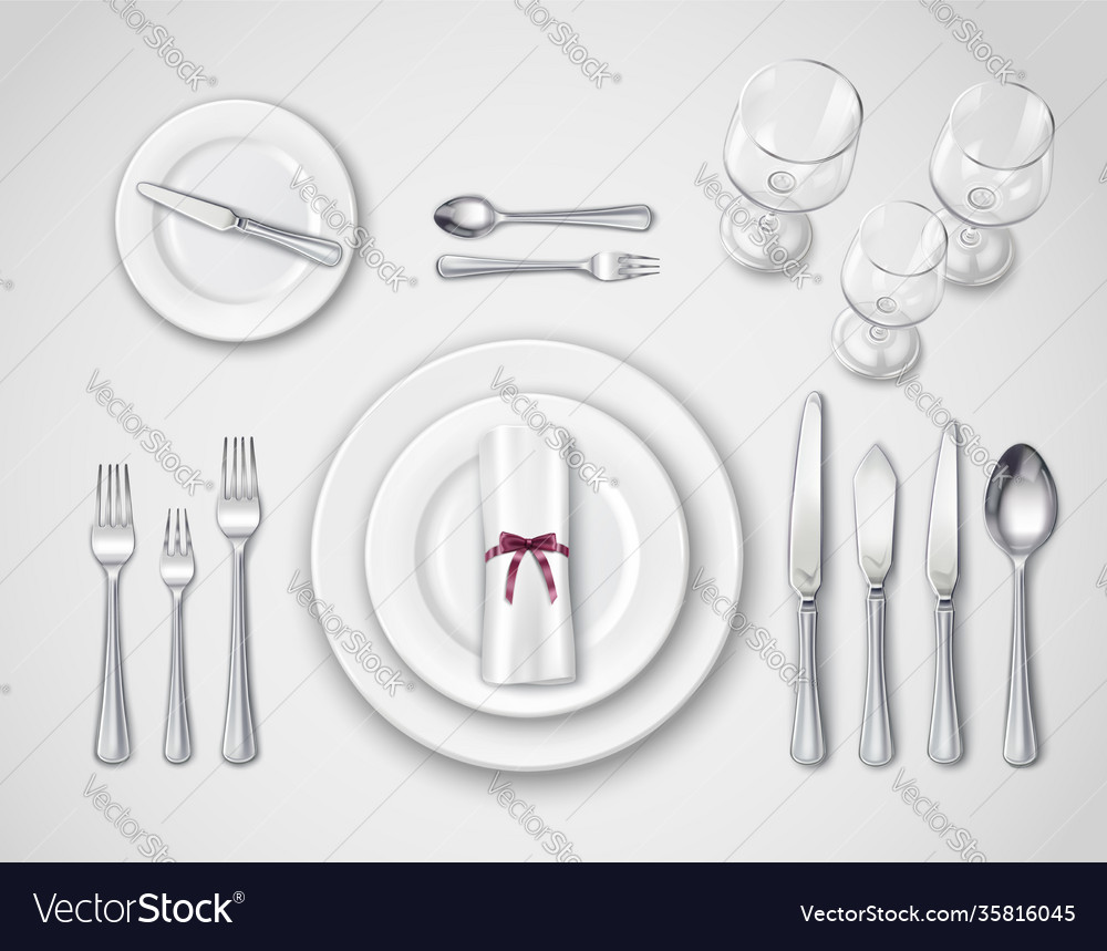 Table setting realistic top view vector image Table setting realistic top view