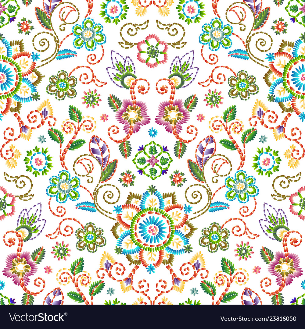 Embroidery seamless pattern with beautiful flowers