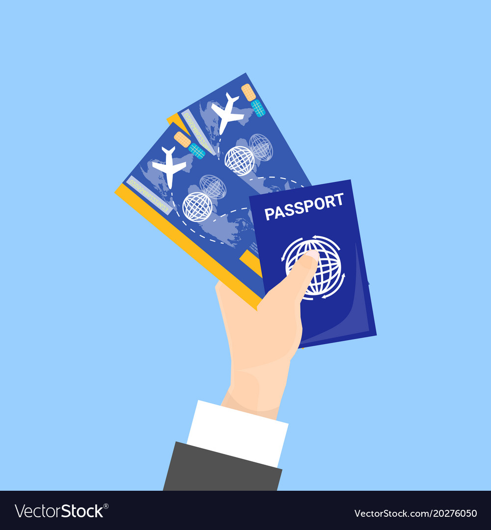 Hand Holding Passport And Tickets Isolated On Blue