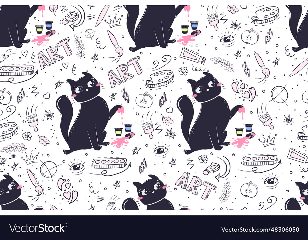 Seamless pattern in doodle style with funny cat vector image Seamless pattern in doodle style with funny cat