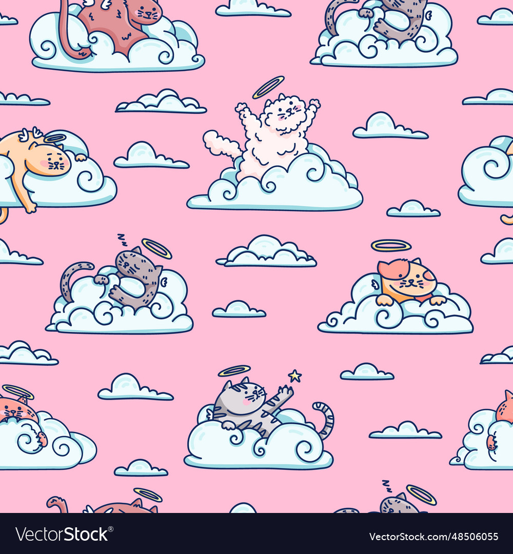 Cute pattern with fluffy angel cat on cloud