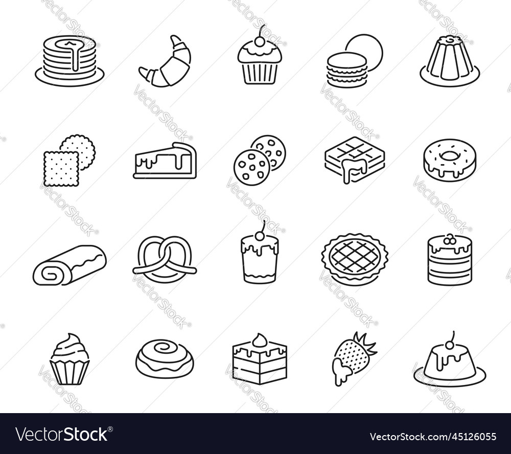 Desserts sweet pastry and bake outline icons Vector Image