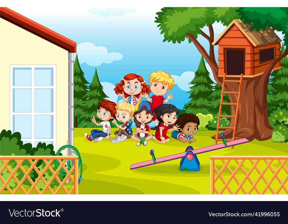 Scene with many children playing in backyard Vector Image